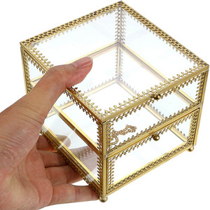 Vintage Glass Jewelry <b>Trinket</b> <b>Box</b> - Geometric Golden Vanity Organizer holder with Drawer, Decorative Jewelry Display Glass <b>Box</b> - Product Image 2