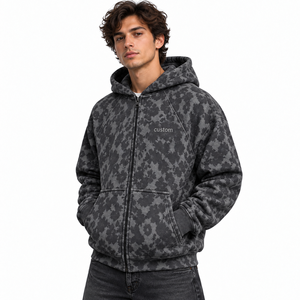 <b>Hoodie</b> Supplier Custom DTG <b>Leopard</b> <b>Print</b> Zipper Heavy Cotton French Terry Vintage Acid Wash Camo <b>Hoodie</b> For Unisex - Product Image 3