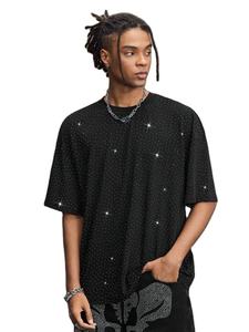 Camisetas personalizadas negras extragrandes para hombre, con pedrería en toda la prenda, estilo hip hop, brillantes, de manga corta, con gráficos con cristales incrustados. - Product Image 5