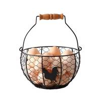 Panier à œufs en fil métallique avec poignée en bois, forme de bol, design rustique pour le stockage des aliments