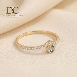 Bague ethnique en or jaune massif 14 carats avec diamant de laboratoire et aquamarine, design élégant, bijoux fins pour femmes, mariage, fiançailles - Product Image 4