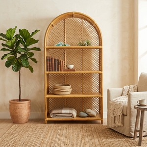 Estantería Arqueada Bohemia de Ratán Natural y Madera Maciza de 4 Niveles, Estante de Exhibición con Tejido de Mimbre Hecho a Mano, Librería Arqueada para Sala de Estar - Product Image 5