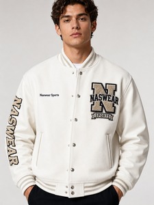 Leather Sleeve <b>Men's</b> <b>White</b> Varsity <b>Jacket</b> With Chenille patches Letter Logo Autumn Wear Regular Fit <b>Men</b> varsity <b>jacket</b> - Product Image 1