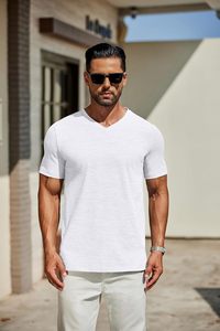 Camiseta Casual de Manga Corta con Cuello en V para Hombre, Tela de Algodón Suave, Ligera, Transpirable, Ecológica, de Secado Rápido, Corte Ajustado, para Verano - Product Image 3