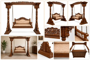 Balançoire 3 places en teck massif sculpté motif paon, artisanale, pour hall d'entrée – Fabricant de Jhula en bois pour intérieur - Product Image 6