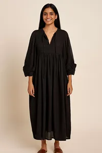 Women Black Plain Solid Tie Neck Cotton Maxi <b>Dress</b> With 3/4 Sleeve <b>Loose</b> Fit Boho Style Summer Casual <b>Dress</b> - Product Image 2