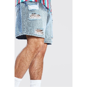 Shorts en jean déchiré bleu clair pour homme, taille mi-haute, style décontracté d'été, tissu tissé - Product Image 1