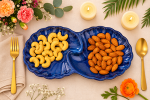 Plateau de service double en céramique bleue de qualité supérieure pour amandes et noix de cajou, élégant plateau décoratif pour fruits secs pour la salle à manger - Product Image 3