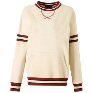 Sorority Women's Cream Crew Neck Sweatshirt With Red And <b>Black</b> Stripes <b>Long</b> Sleeve Knitted Cotton Casual <b>Top</b> With Pockets - Product Image 1