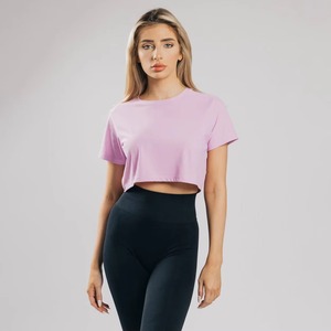 Camiseta Corta Rosa para Mujer, Cuello Redondo, Tejida, Color Sólido, Informal, Transpirable, Corte Regular - Product Image 4