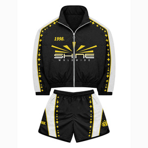 Premium 120 GSM polyester windbreaker short set black <b>grey</b> panel star print heat transfer logo Windbreaker Shorts Set for Men - Product Image 3