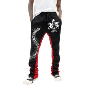 Pantalones Deportivos Negros con Rayas Rojas para Hombre, con Estampado Gráfico Blanco, Cintura Elástica, Estilo Urbano - Product Image 1