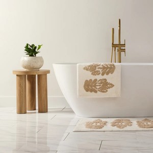 Floral Embroidered Cotton Bath <b>Mat</b> <b>Set</b> Rectangle Non-Slip Rubber Backing Scandinavian Style Home Use - Product Image 5