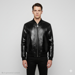 Chaqueta Bomber Negra para Hombre, Estilo Motociclista, con Cuello Alto y Cierre de Cremallera, Diseño de Cocodrilo en Relieve, Corte Regular, para Otoño - Product Image 1