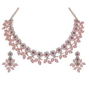 Parure de collier ras-du-cou de luxe ethnique avec fleurs en pierre rose, design feuille bohème, collier statement pour mariage, fiançailles, soirée, bijoux pour femme - Product Image 3