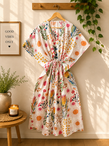 Vestido Kaftán de Algodón Tejido con Estampado Floral y Manga Murciélago con Cuello en V Maxi para Mujer al por Mayor |   Pareo de Playa Estilo Boho |   Ecológico - Product Image 3