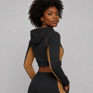 Women's Winter Solid Color <b>Long</b> <b>Sleeve</b> <b>Crop</b> Top Hoodie Front Zipper Breathable Eco-Friendly Canvas Fabric Custom Printed - Product Image 6