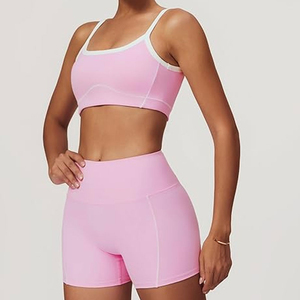Private Label Womens Yoga Workout Set Two Piece <b>Low</b> Waist Shorts and Activewear <b>Top</b> Solid Front Logo Eco-Friendly Breathable - Product Image 3