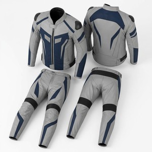 Men's Full Sleeve Leather Motorcycle <b>Racing</b> Suit Gray Blue Color Blocked Windproof All Seasons Wear - Product Image 3