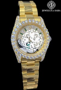 Montre-bracelet en or rose et argent entièrement sertie de diamants blancs pour cadeaux, fêtes et occasions, disponible à un prix abordable - Product Image 4