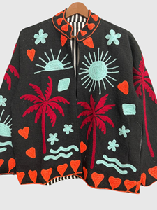 Veste noire à col mandarin brodée à la main avec motif palmier, manches chauve-souris, grande taille, pour femme, tenue d'été - Product Image 6