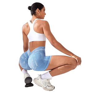 Denim Print Faux Jean Women <b>Booty</b> Shorts High Waisted Activewear Seamless Workout Shorts with Contouring - Product Image 5