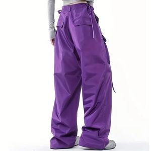 Pantalon cargo décontracté pour femme, coupe ample, jambe large, taille haute, fermeture à cordon, plusieurs poches, tissu durable en polyester/coton - Product Image 2