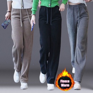 Pantalones de pana casuales de moda para mujer, largos, rectos, con forro polar grueso, cintura media, con cordón, cálidos y transpirables para invierno - Product Image 3