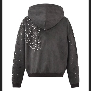 Sweat-shirt à capuche pour homme, fermeture éclair, orné de strass, streetwear, coupe classique, noir, vêtements d'hiver - Product Image 2