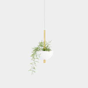 Jardinière suspendue en métal blanc avec tige finition or |   Pot de fleurs suspendu moderne demi-circulaire pour la décoration de luxe de la maison, salon - Product Image 5