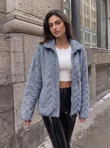 <b>Women's</b> Dusty Blue <b>Sherpa</b> Fleece <b>Jacket</b> Zip Up Stand Collar Plush Coat with Pockets Cable Textured Casual Winter Outerwear OEM - Product Image 4