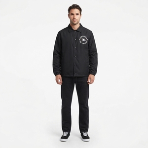 Veste Coach en nylon noir pour homme, coupe-vent 120 g/m² avec fermeture à boutons-pression et style Letterman - Product Image 1