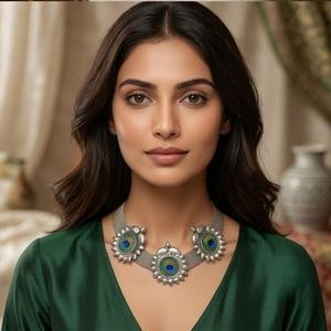 DIVYORO Oxidized Silver Mesh <b>Long</b> Adjustable <b>Necklace</b> with Peacock-Inspired Stone Settings for Women's Wedding Occasion - Product Image 4