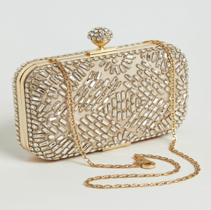 A sleek <b>silver</b> damask jacquard clutch with a crystal-encrusted bar clasp. Available at wholesale prices for high-end retail. - Product Image 3