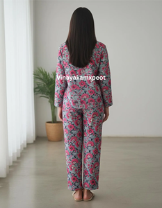 Conjunto de Pijama de Dos Piezas para Mujer, Estampado a Mano, 100% Algodón Premium Transpirable, Elegante Cuello Camisero, Mangas Largas - Product Image 5