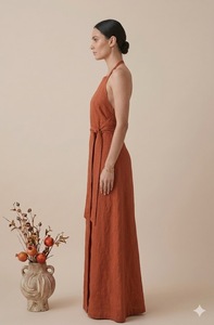 Halter Neck Linen Maxi <b>Dress</b> Vintage Solid Color Loose Sheath Sleeveless Natural Waist Breathable Woven Summer Casual Minimalist - Product Image 3