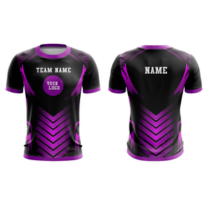Maillot de sport personnalisé par sublimation pour homme, manches courtes, violet et noir, motif géométrique, séchage rapide, col rond - Product Image 2