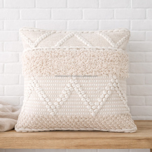 Housse de coussin douce en coton tufté style bohème, 20x20 pouces, faite à la main, tissée, avec fermeture éclair, pour décor de lit, style marocain, en laine, vente en gros - Product Image 1