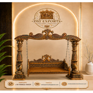 Columpio de madera estilo Rajwadi para decoración del hogar, con diseño de pavo real tallado en madera de teca tradicional, columpio de 3 plazas para área de vestíbulo, EE. UU. - Product Image 1