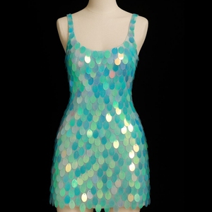 Ombre Seed Bead Pearl Embroidered Mini Dress Yellow Blue Rayon Fabric Side Slit Party Outfit Sleeveless Neck Summer Apparel - Product Image 4