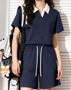 Summer Polo Collar Knee Button Pajama Set Breathable Loose-Fitting Casual Sporty Short Sleeve Shorts Two-Piece Women Solid Color - Product Image 6