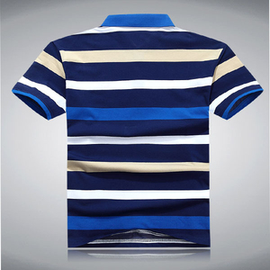 Polo de Manga Corta a Rayas para Hombre, Corte Regular, Cierre de Botones, Tejido de Punto, Casual, Patrón Azul, Blanco y Beige - Product Image 2