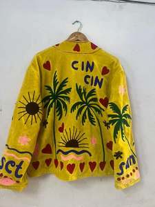 Yellow Handcrafted Suzani Velvet <b>Jacket</b> Floral Fancy Embroidery Style For Unisex Boho <b>Hippie</b> coat Indian Wholesaler Of <b>Jacket</b> - Product Image 4