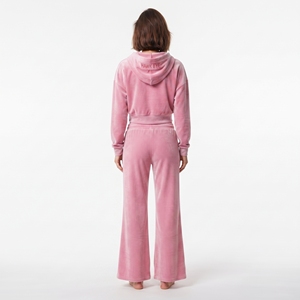 Ensemble de survêtement tendance en velours pour femme : sweat à capuche court à manches longues et épaules tombantes avec fermeture éclair intégrale et pantalon de jogging évasé taille haute à jambes larges - Product Image 2