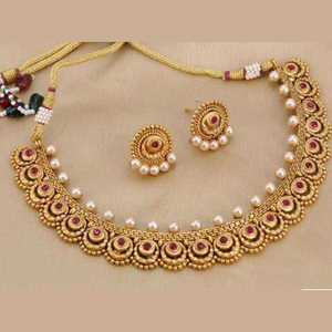 Dark Pink Traditional Necklace <b>Set</b>-SFNECK77 <b>Gold</b> Plated Pota Stone Fine <b>Jewelry</b> <b>Sets</b> - Product Image 1