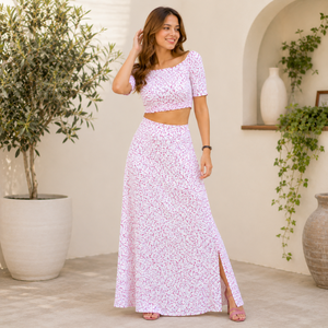 Women's Floral Print Two Piece <b>Maxi</b> <b>Skirt</b> Set Off Shoulder <b>Crop</b> <b>Top</b> & High Waist Summer Co-Ord Set OEM Custom Manufacturer - Product Image 4