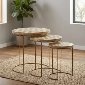 Set of Three Nesting <b>Side</b> <b>Tables</b> with Wood Bone Inlay Checkerboard Tops and <b>Gold</b> Metal Frames Modern Decorative Accent Furniture - Product Image 6