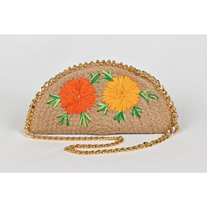 Bolso de Mano de Yute Bordado a Mano para Mujer, Ecológico, con Correa de Cadena Dorada en Forma de Media Luna, Diseño Floral, de Gran Capacidad, Suave, para la Noche - Product Image 1