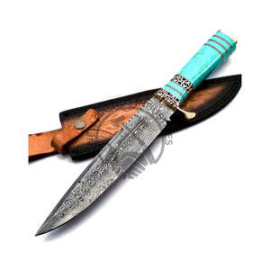 มีดล่าสัตว์เหล็กดามัสกัสแบบกำหนดเองรุ่นใหม่ล่าสุด ขนาด 13 นิ้ว พร้อมด้ามทองเหลือง คมกริบ ใบมีดคงที่ แบบโบวี่ มีดเอาตัวรอด - Product Image 1