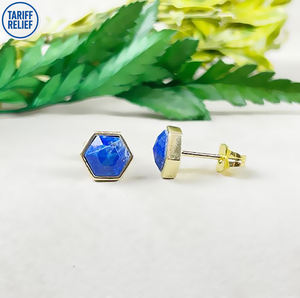 Boucles d'oreilles clous hexagonales en argent sterling 925 avec lapis-lazuli de 8 mm pour femmes |   Bijoux minimalistes en pierres précieuses pour un usage quotidien - Product Image 3